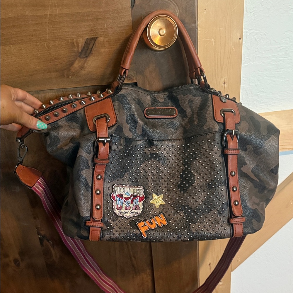 Nicole Lee USA Camo Studded Satchel Crossbody Fun Patch Bag